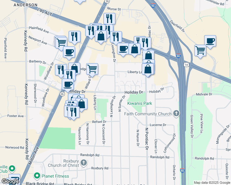 map of restaurants, bars, coffee shops, grocery stores, and more near 2305 Holiday Drive in Janesville