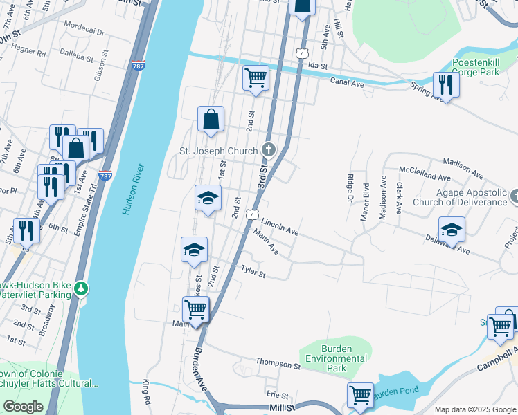 map of restaurants, bars, coffee shops, grocery stores, and more near 502 4th Street in Troy