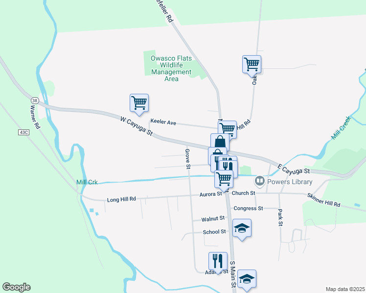 map of restaurants, bars, coffee shops, grocery stores, and more near 31 West Cayuga Street in Moravia