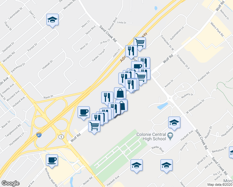 map of restaurants, bars, coffee shops, grocery stores, and more near 50 Wolf Road in Colonie