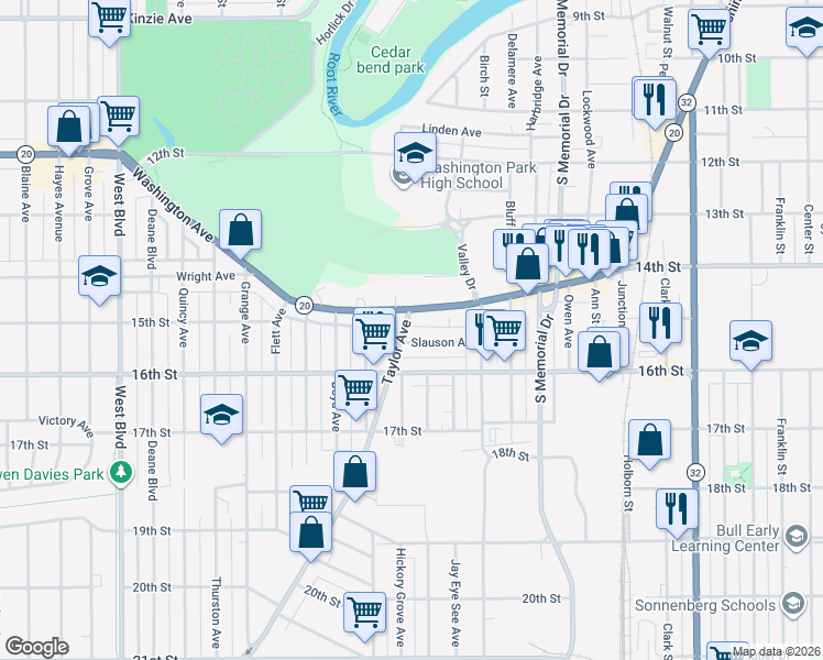 map of restaurants, bars, coffee shops, grocery stores, and more near 2219 Washington Avenue in Racine
