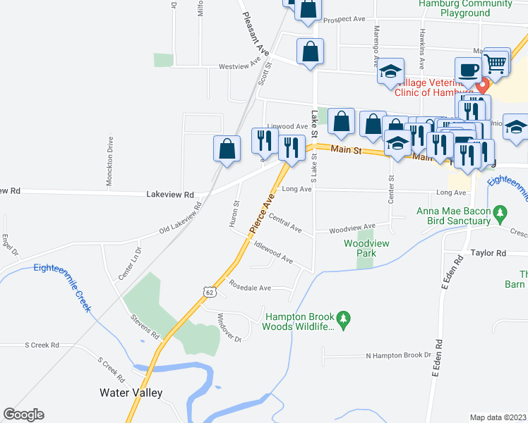 map of restaurants, bars, coffee shops, grocery stores, and more near 2 Central Avenue in Hamburg