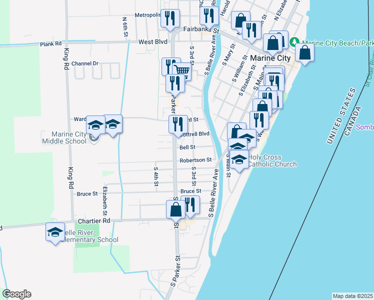 map of restaurants, bars, coffee shops, grocery stores, and more near 515 South Parker Street in Marine City