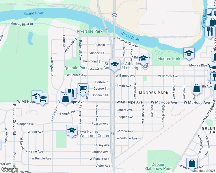 map of restaurants, bars, coffee shops, grocery stores, and more near 1123 Berten Street in Lansing