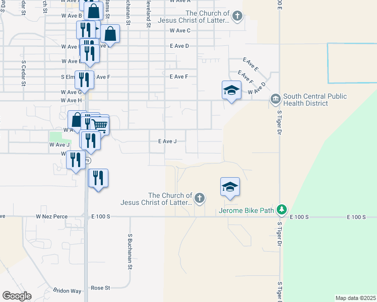 map of restaurants, bars, coffee shops, grocery stores, and more near 527 East Avenue J in Jerome