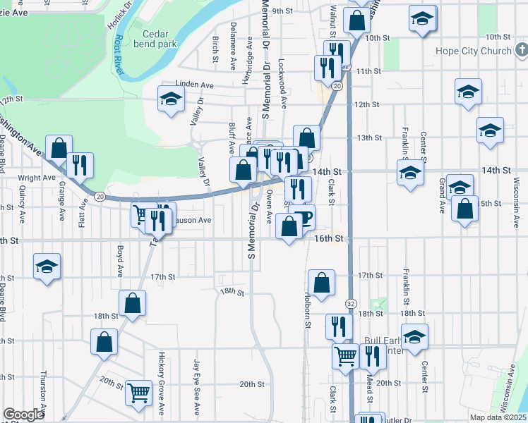 map of restaurants, bars, coffee shops, grocery stores, and more near 1515 South Memorial Drive in Racine