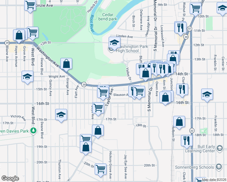map of restaurants, bars, coffee shops, grocery stores, and more near 2219 Washington Avenue in Racine