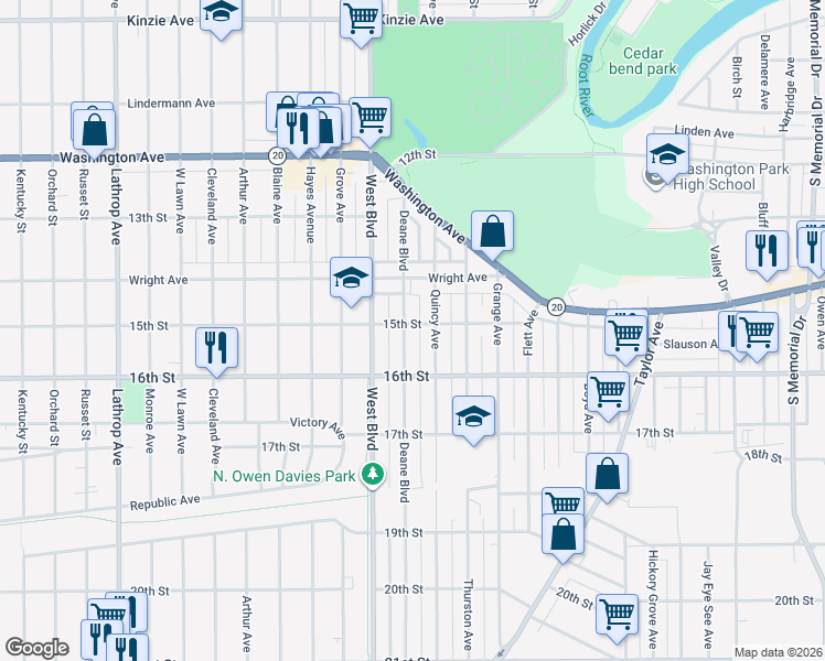 map of restaurants, bars, coffee shops, grocery stores, and more near 1435 Deane Boulevard in Racine