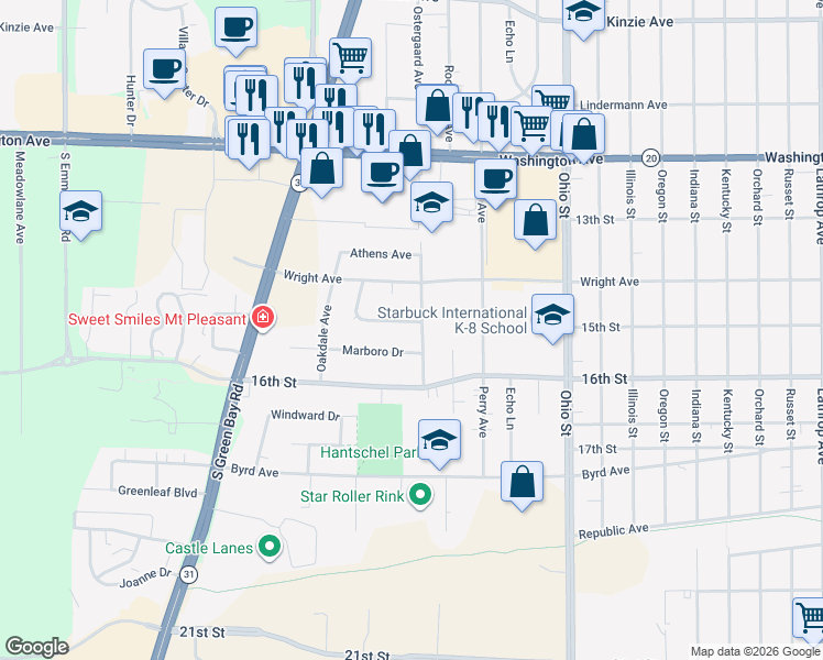 map of restaurants, bars, coffee shops, grocery stores, and more near 1428 Ostergaard Avenue in Racine