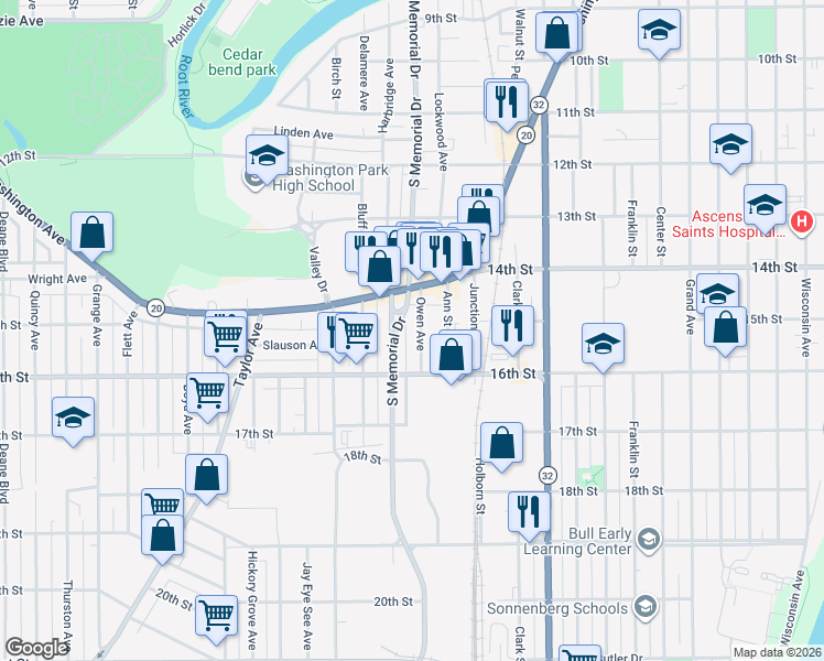 map of restaurants, bars, coffee shops, grocery stores, and more near 1515 South Memorial Drive in Racine