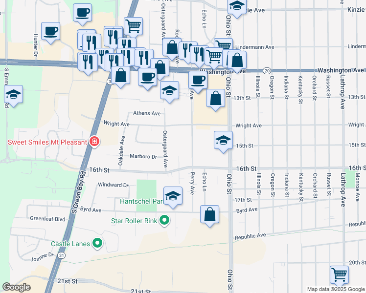map of restaurants, bars, coffee shops, grocery stores, and more near 1506 Perry Avenue in Racine