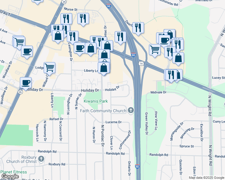 map of restaurants, bars, coffee shops, grocery stores, and more near 2810 Holiday Drive in Janesville