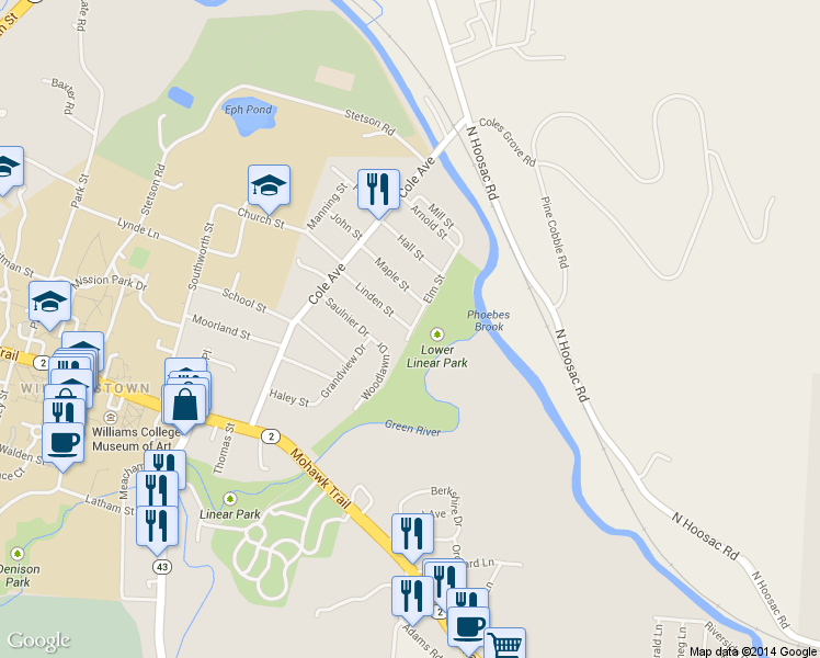 map of restaurants, bars, coffee shops, grocery stores, and more near 98 Linden St in Williamstown