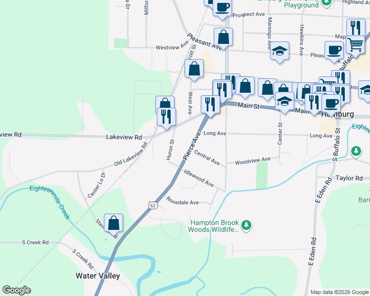 map of restaurants, bars, coffee shops, grocery stores, and more near 147 Pierce Avenue in Hamburg