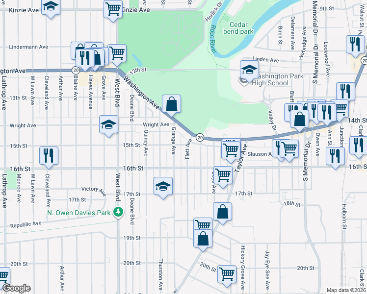 map of restaurants, bars, coffee shops, grocery stores, and more near 1419 Flett Avenue in Racine