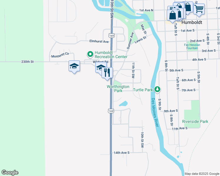 map of restaurants, bars, coffee shops, grocery stores, and more near 600 13th Street South in Humboldt