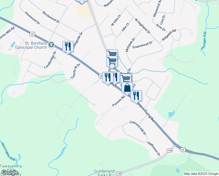 map of restaurants, bars, coffee shops, grocery stores, and more near 2568 Western Avenue in Altamont