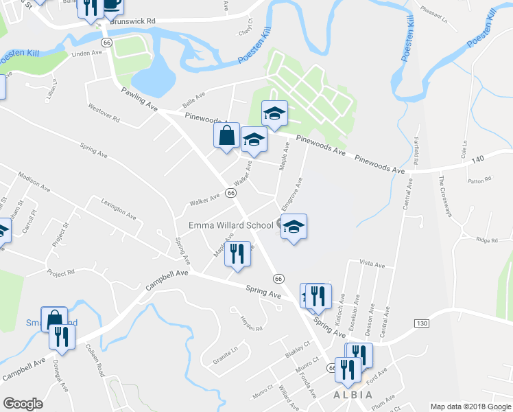 map of restaurants, bars, coffee shops, grocery stores, and more near 109 Maple Avenue in Troy