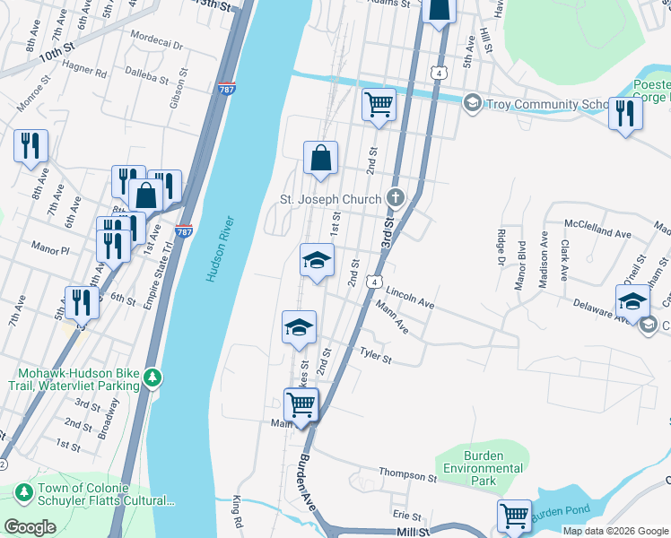 map of restaurants, bars, coffee shops, grocery stores, and more near 430 1st Street in Troy