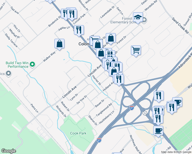 map of restaurants, bars, coffee shops, grocery stores, and more near 17 Hawley Avenue in Colonie