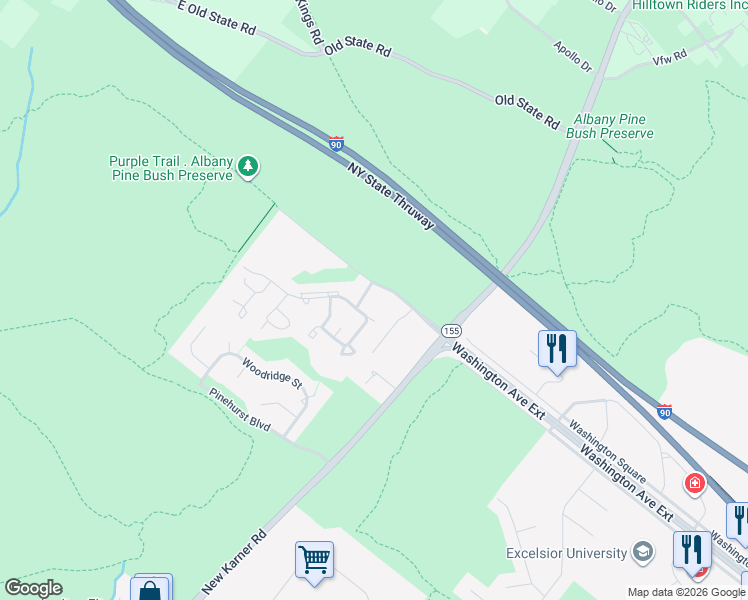 map of restaurants, bars, coffee shops, grocery stores, and more near 55 Point of Woods Drive in Albany