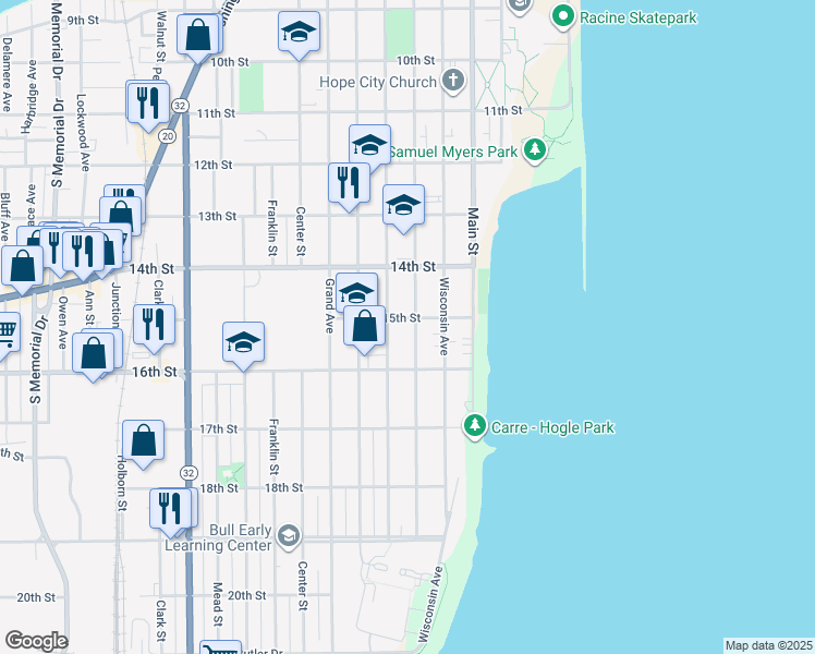 map of restaurants, bars, coffee shops, grocery stores, and more near 1501 College Avenue in Racine