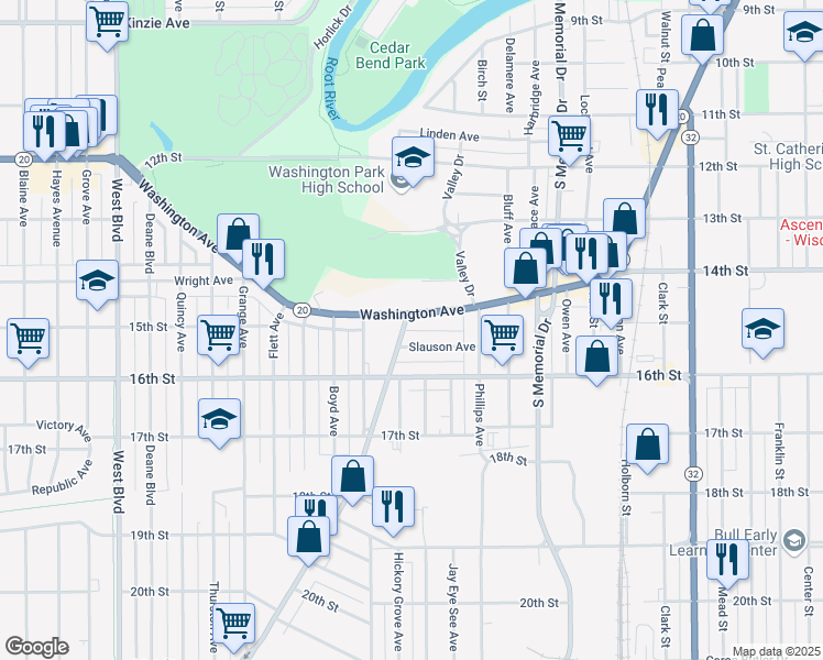 map of restaurants, bars, coffee shops, grocery stores, and more near 2023 Washington Avenue in Racine