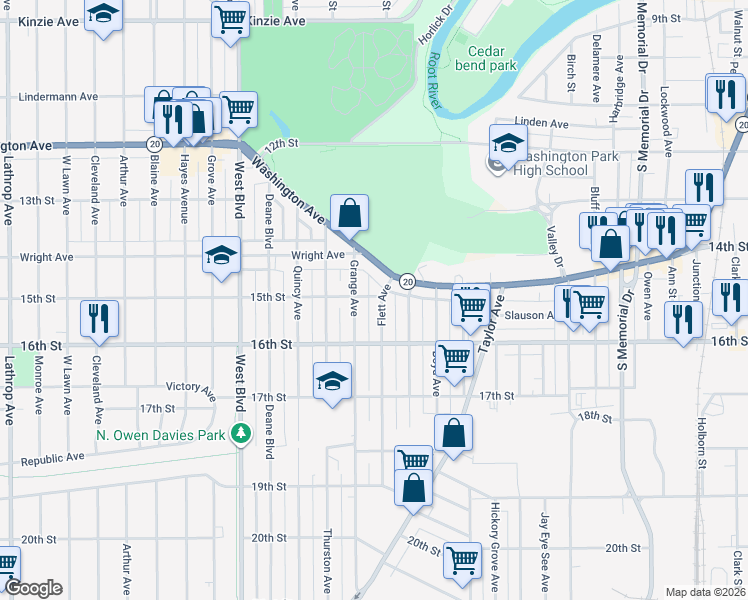 map of restaurants, bars, coffee shops, grocery stores, and more near 1419 Flett Avenue in Racine