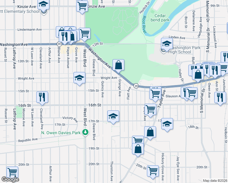 map of restaurants, bars, coffee shops, grocery stores, and more near 1438 Grange Avenue in Racine