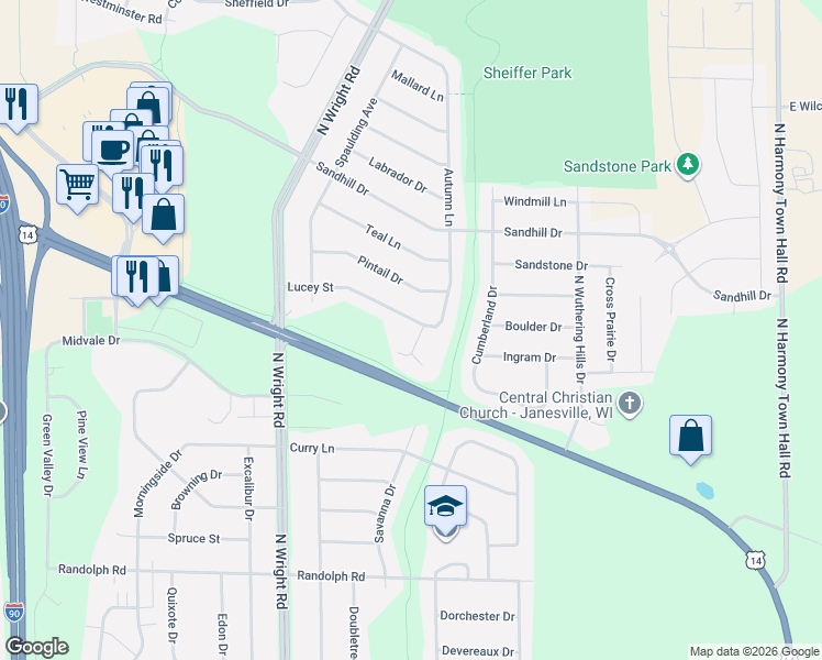 map of restaurants, bars, coffee shops, grocery stores, and more near 3909 Lucey Street in Janesville