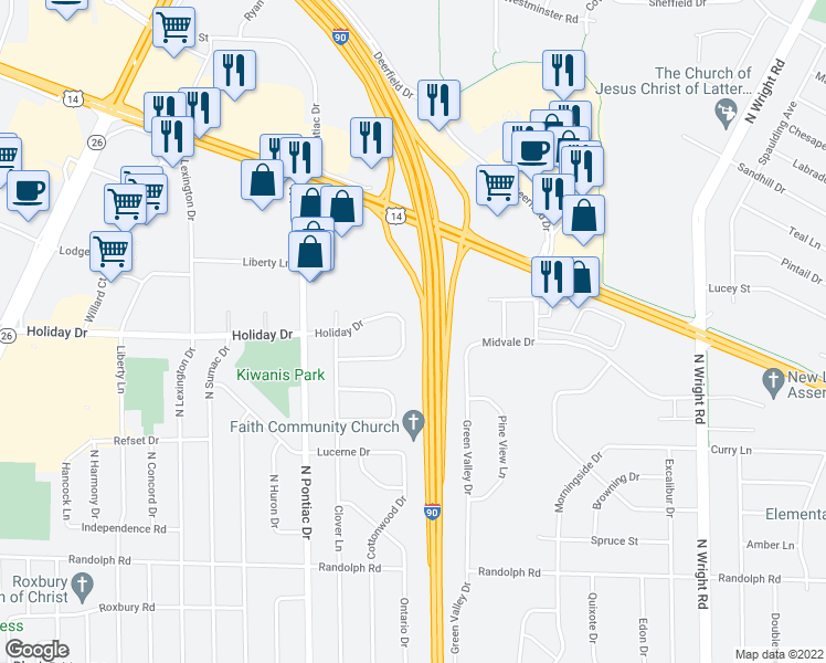 map of restaurants, bars, coffee shops, grocery stores, and more near 2940 Carrousel Lane in Janesville
