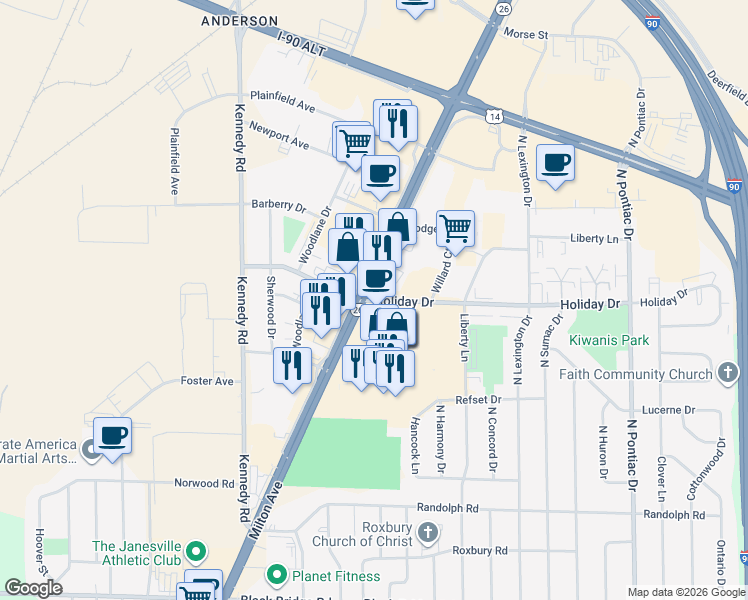 map of restaurants, bars, coffee shops, grocery stores, and more near Milton Avenue in Janesville