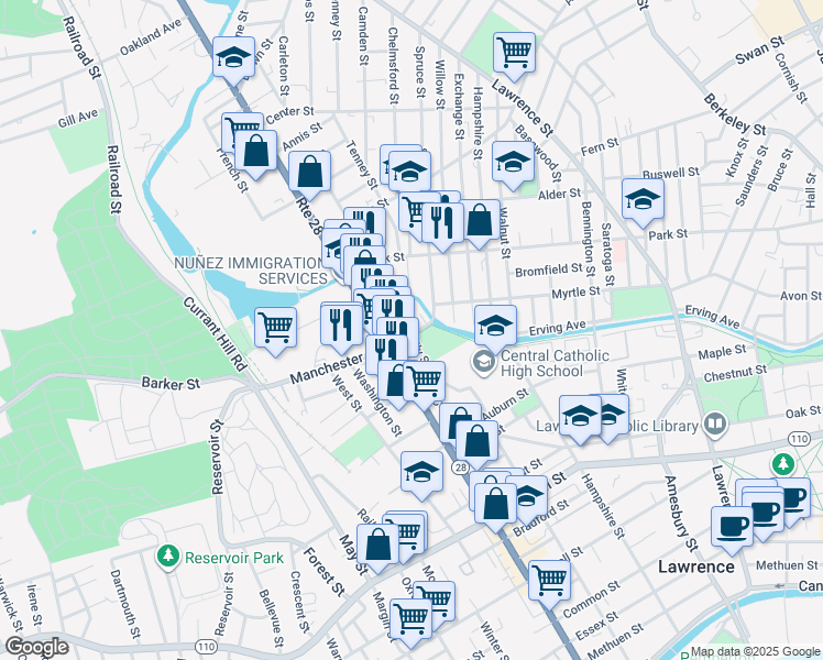 map of restaurants, bars, coffee shops, grocery stores, and more near 11 Daisy Street in Lawrence