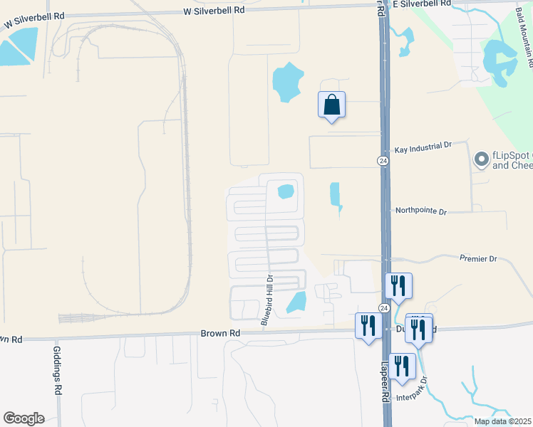 map of restaurants, bars, coffee shops, grocery stores, and more near 1 Bluebird Hill Drive in Orion charter Township