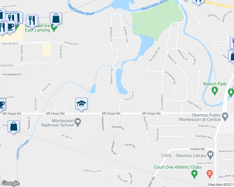 map of restaurants, bars, coffee shops, grocery stores, and more near 4562 Sequoia Trail in Meridian Charter Township