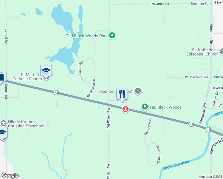 map of restaurants, bars, coffee shops, grocery stores, and more near 4564 Van Atta Road in Meridian charter Township