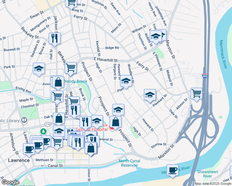 map of restaurants, bars, coffee shops, grocery stores, and more near 28 Platt Street in Lawrence