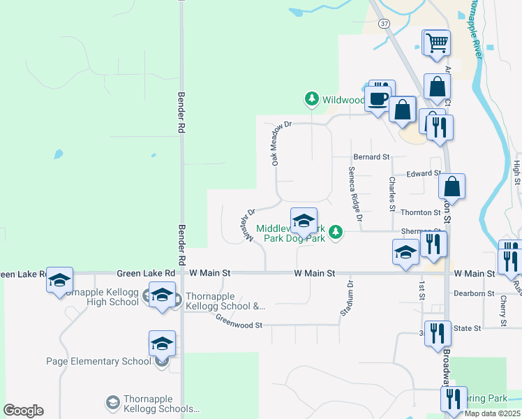 map of restaurants, bars, coffee shops, grocery stores, and more near 395 Minstehr Drive in Middleville
