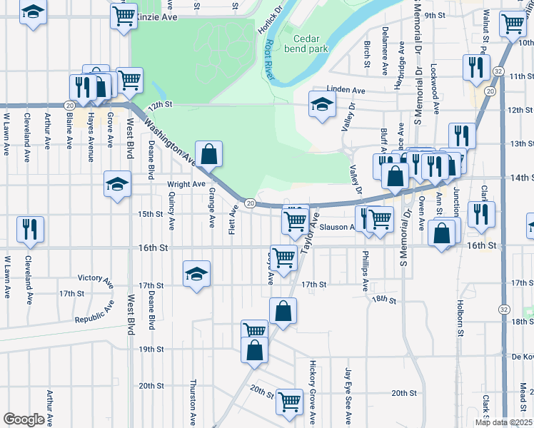 map of restaurants, bars, coffee shops, grocery stores, and more near 2421 Washington Avenue in Racine