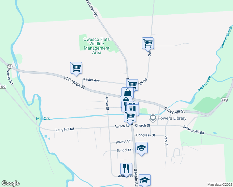map of restaurants, bars, coffee shops, grocery stores, and more near 12 West Cayuga Street in Moravia