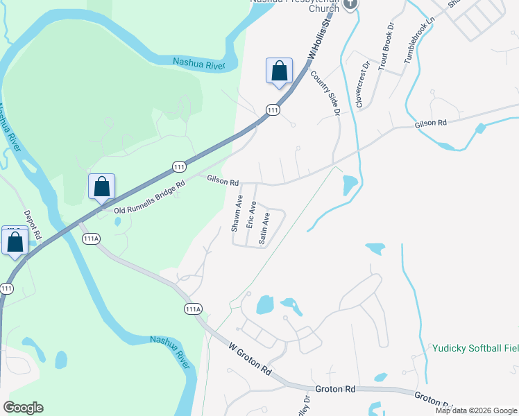 map of restaurants, bars, coffee shops, grocery stores, and more near 3 Ponderosa Avenue in Nashua