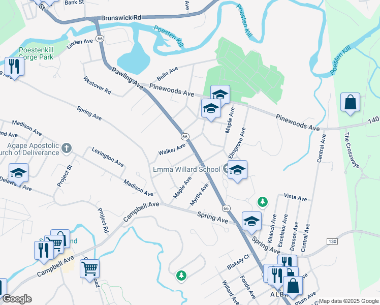 map of restaurants, bars, coffee shops, grocery stores, and more near 4 Walker Avenue in Troy