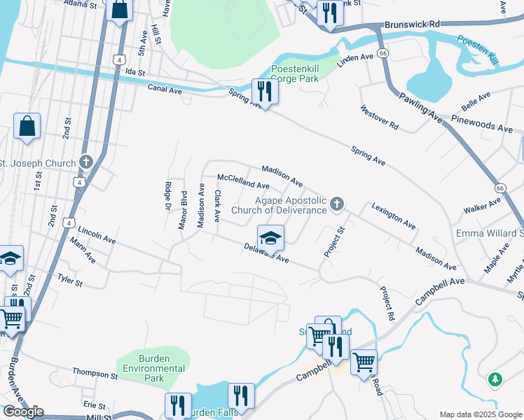 map of restaurants, bars, coffee shops, grocery stores, and more near 7 Manning Avenue in Troy