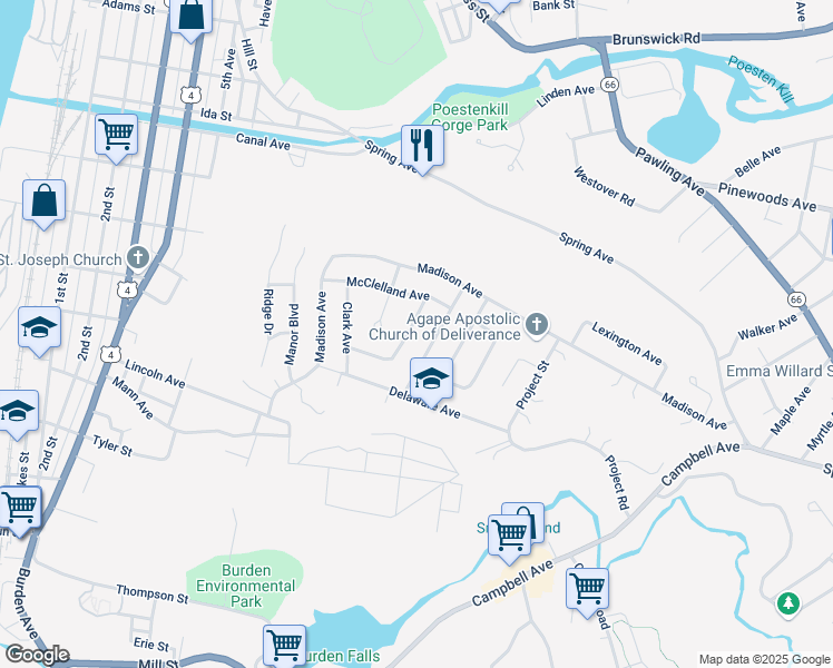 map of restaurants, bars, coffee shops, grocery stores, and more near 7 Manning Avenue in Troy