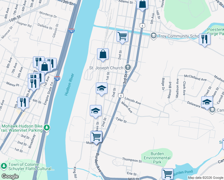 map of restaurants, bars, coffee shops, grocery stores, and more near 452 2nd Street in Troy