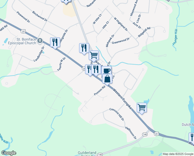 map of restaurants, bars, coffee shops, grocery stores, and more near 2571 Western Avenue in Altamont