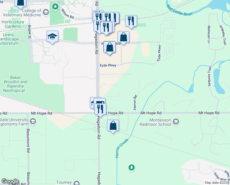 map of restaurants, bars, coffee shops, grocery stores, and more near 4572 Hagadorn Road in East Lansing
