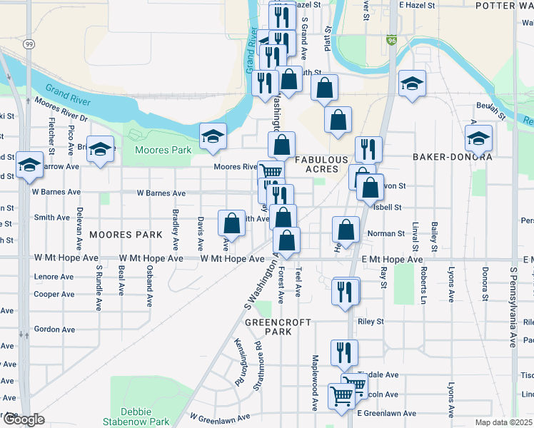 map of restaurants, bars, coffee shops, grocery stores, and more near 122 Smith Avenue in Lansing
