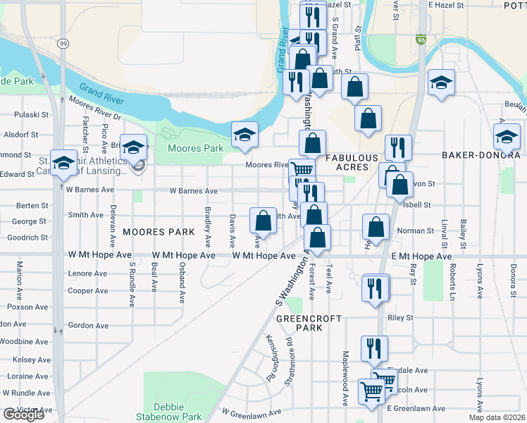 map of restaurants, bars, coffee shops, grocery stores, and more near 220 Smith Avenue in Lansing