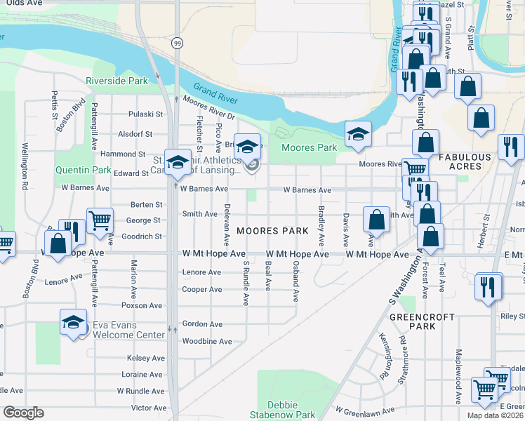map of restaurants, bars, coffee shops, grocery stores, and more near 718 Smith Avenue in Lansing